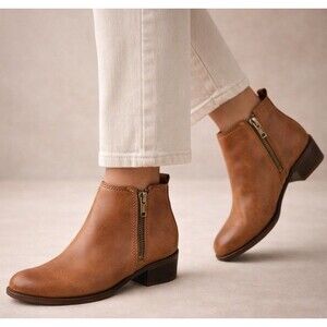 Lucky Brand Leather Ankle Boots Dual Zip Brown Low Heel Women 6.5